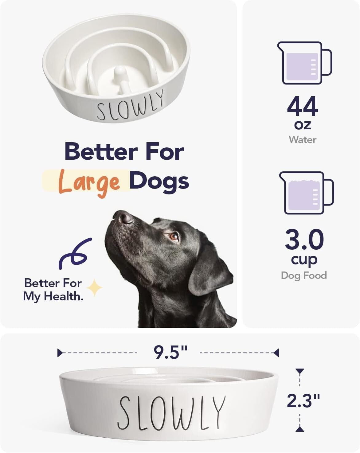 Ceramic Slow Feeder Dog Bowl - 3 Cups Non-Slip Puzzle Design for Healthy Eating