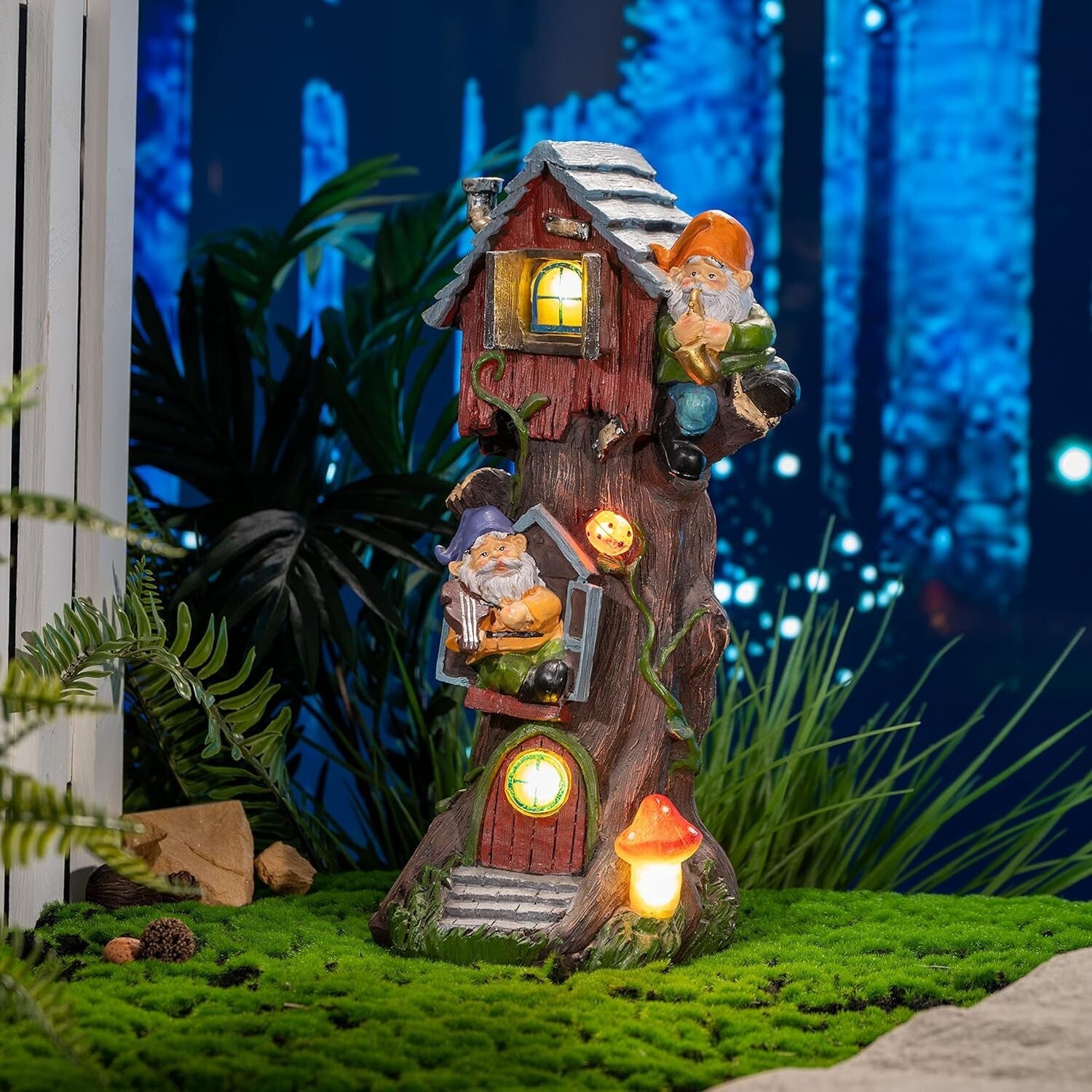 Charming 11" Gnome Treehouse with Solar Light - Perfect Garden Figurine Ornament