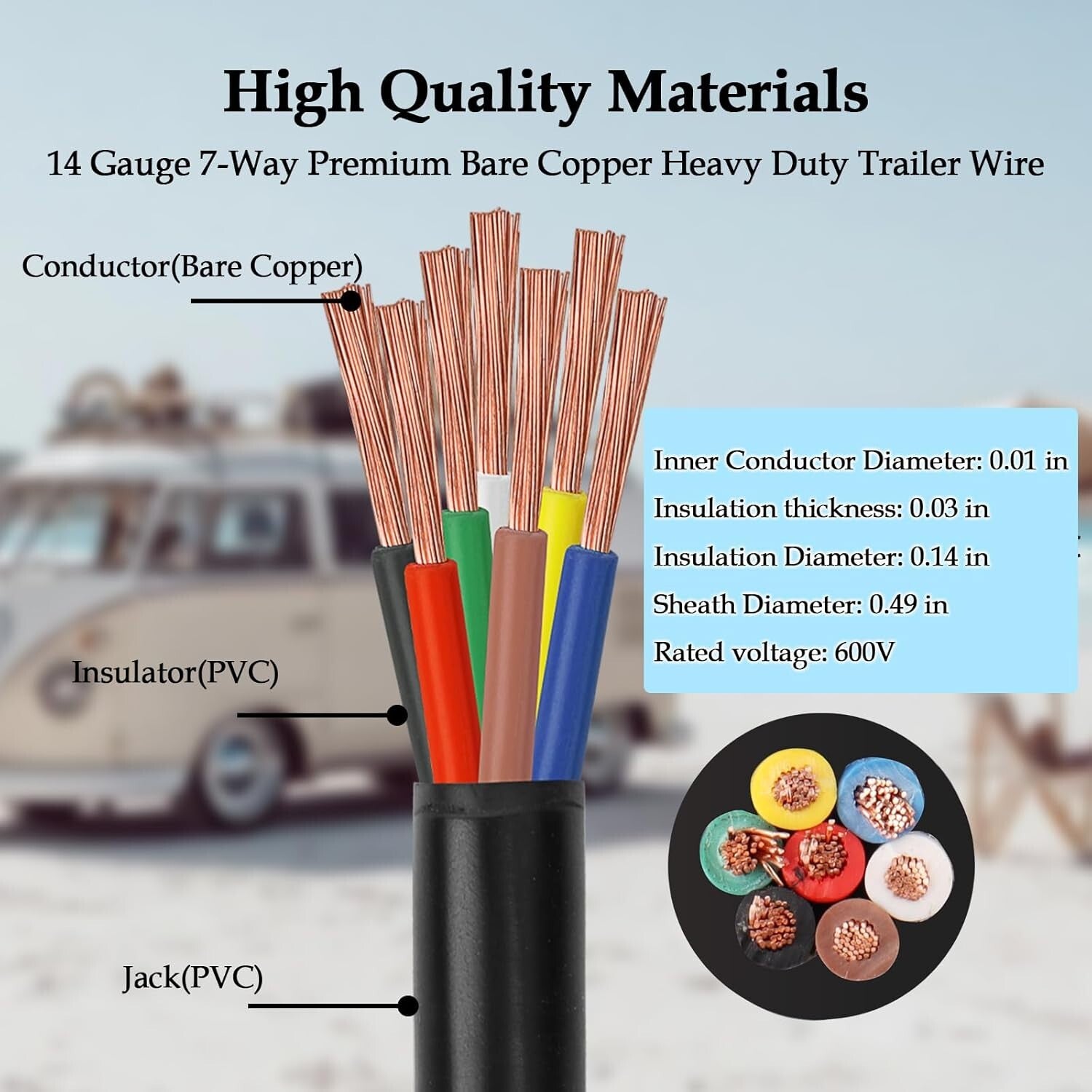 Durable 7 Conductor 14 Gauge Copper Wire - Color-Coded 100FT Automotive Cable