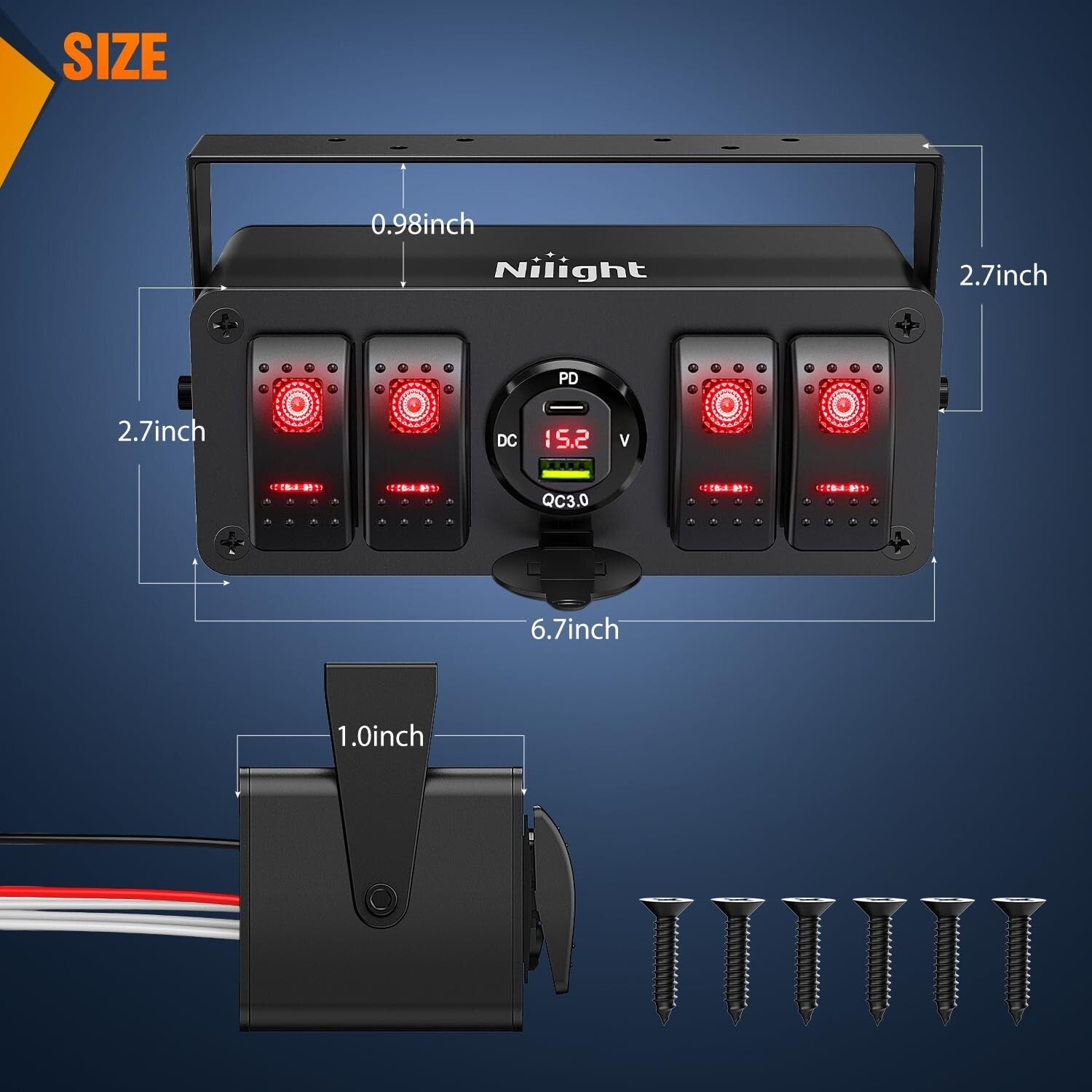 Rocker Switch Box with 4 Gang Control, USB Charger & Adjustable Mount Bracket