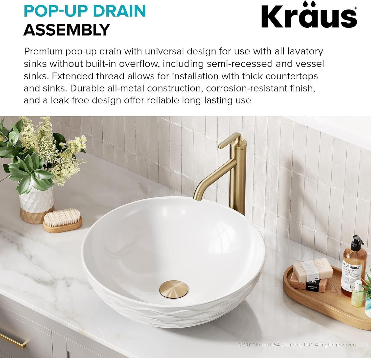 Elegant Brushed Gold Pop-Up Drain Assembly for Vessel Sinks - 10 3/4" Size