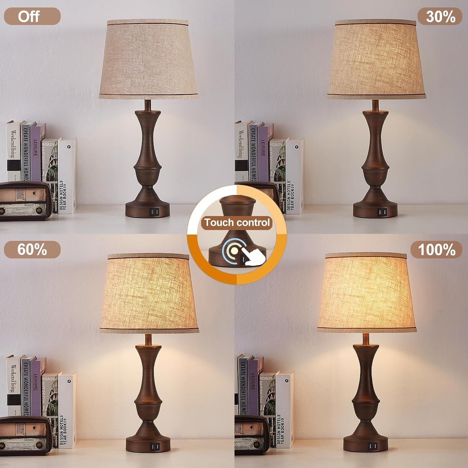 Elegant Touch Bedside Lamps Set with USB Ports - 22" Modern Dimming Lamps