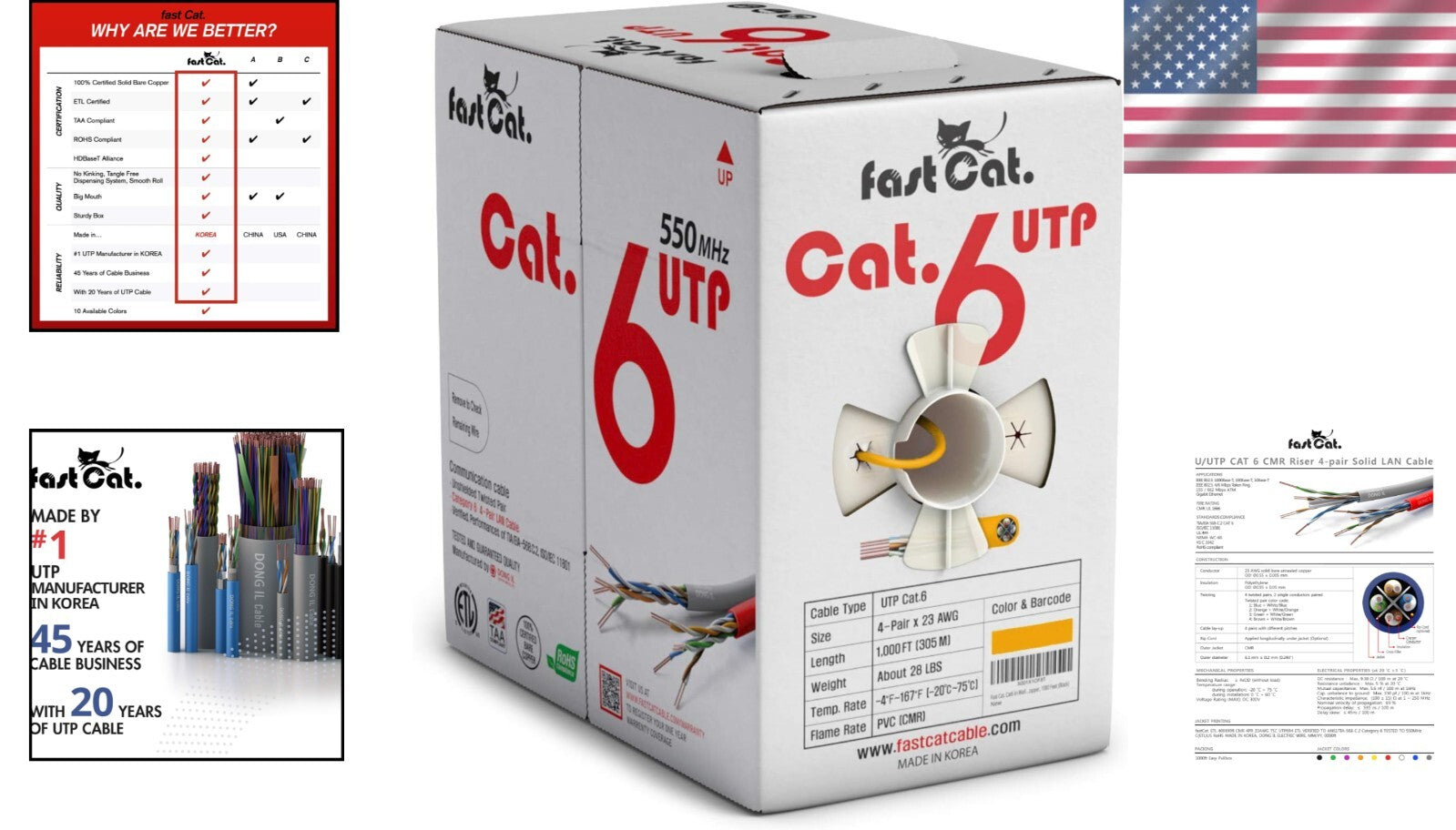 Cat 6 Ethernet Cable 1000ft - CMR Yellow, Lightning Speed, Low-Crosstalk Design