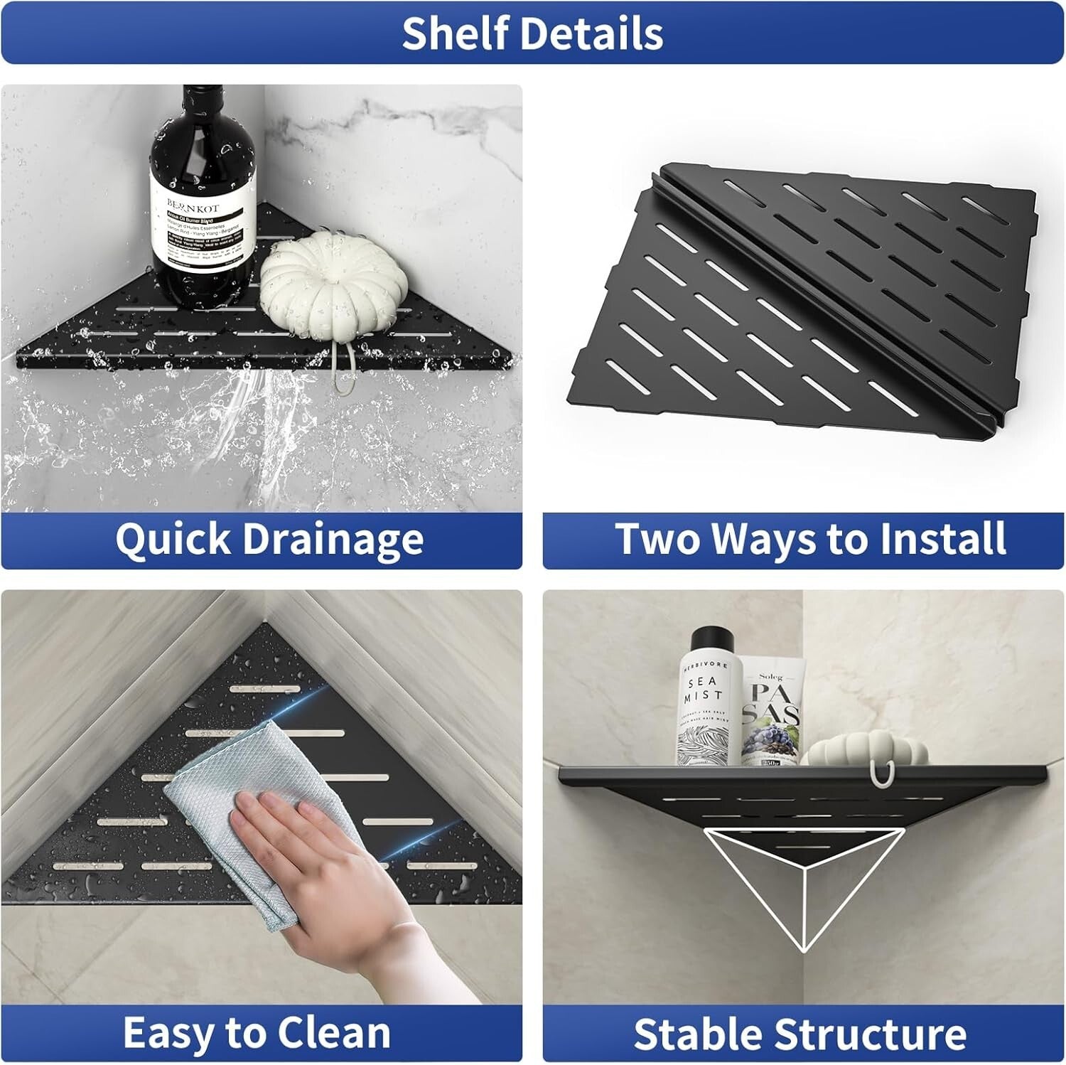 Durable Matte Black Corner Shower Shelves - Stylish 2 Pack for Modern Bathrooms