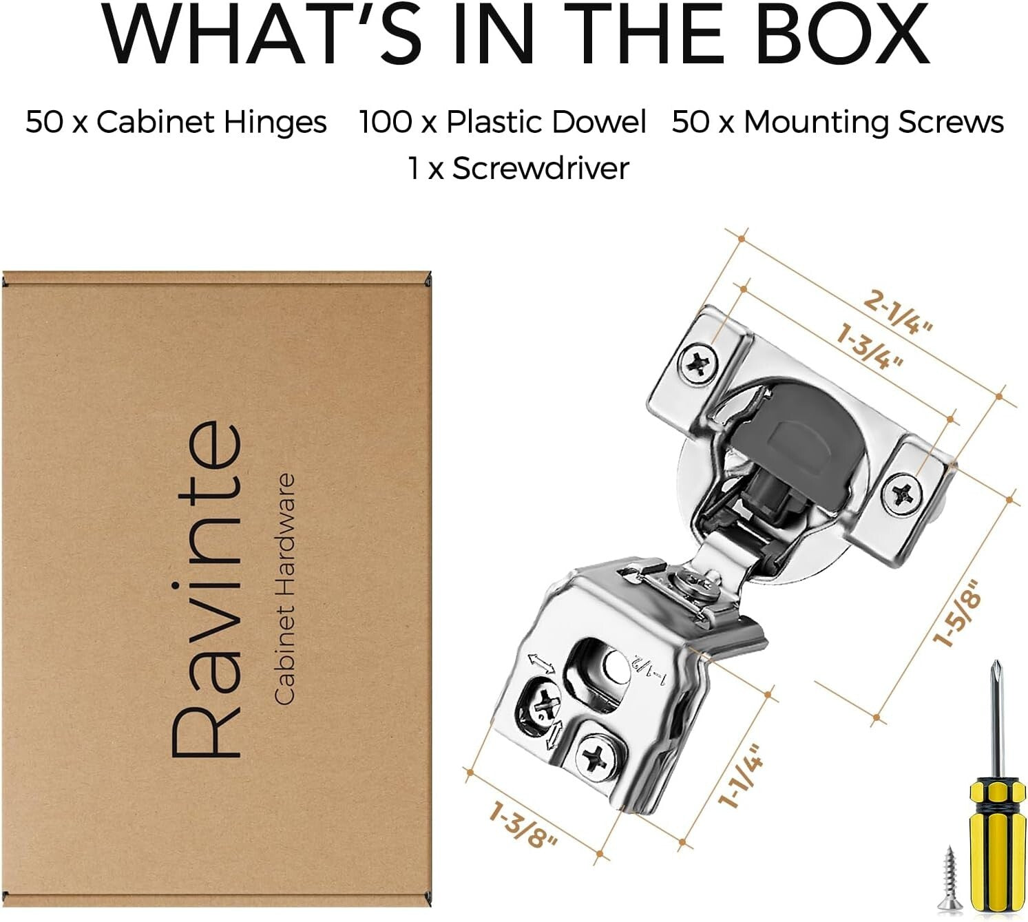 Adjustable 1-1/2 Inch Overlay Cabinet Hinges - 50 Soft Close Stainless Steel Set