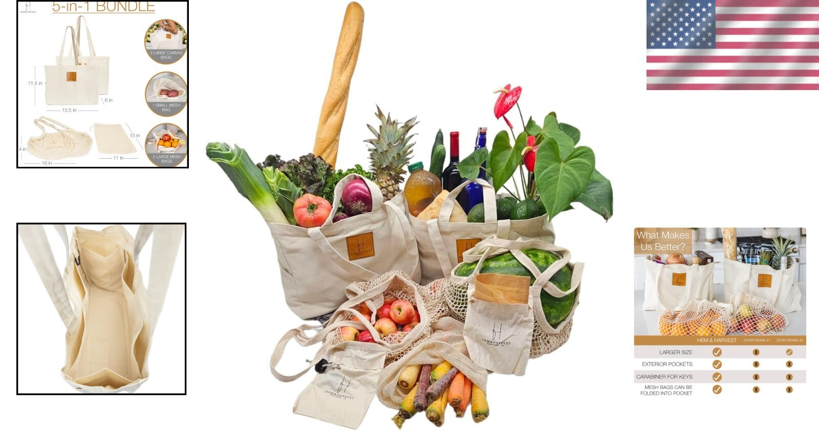 Oversized Canvas Totes Set of 5 with Extra Pockets - Ultimate Grocery Solution