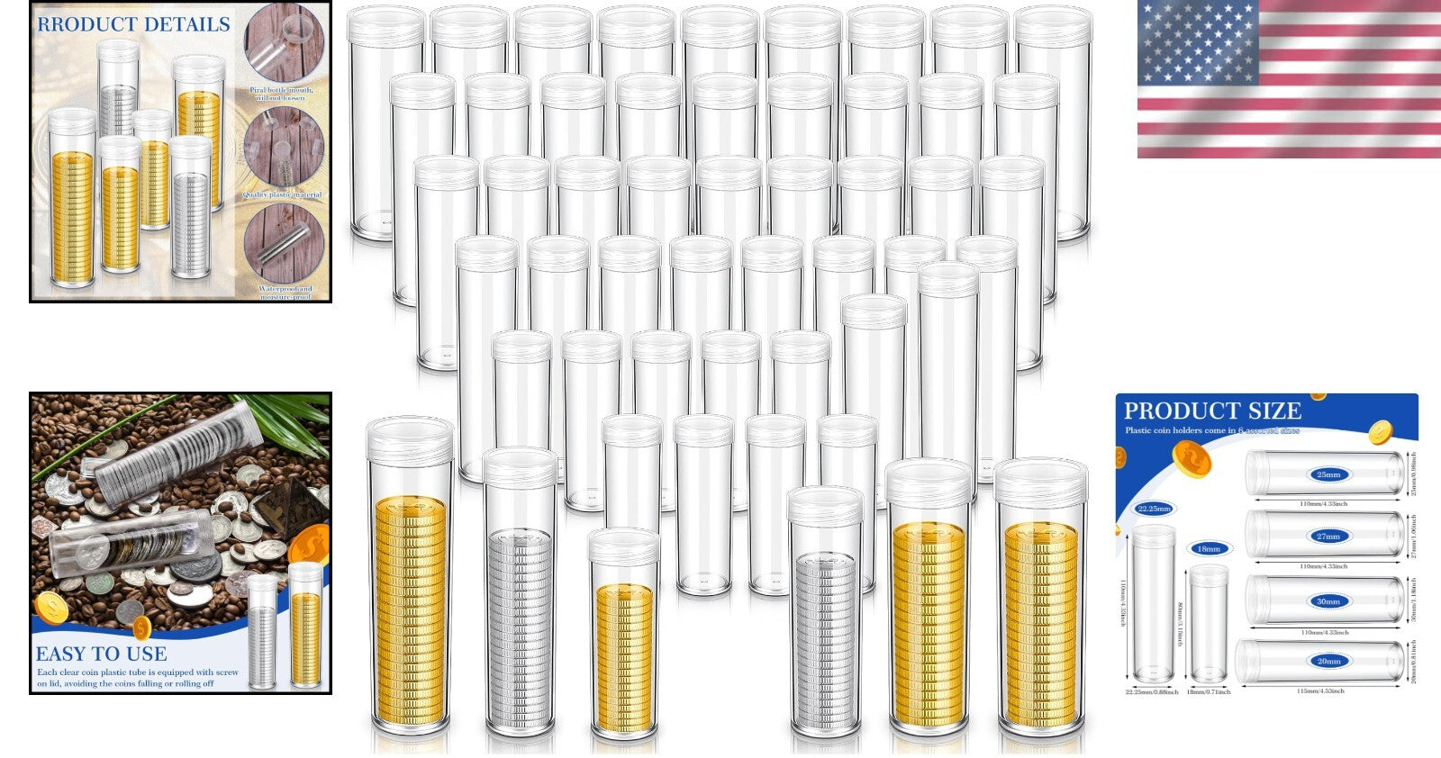 Clear Coin Holders - 60 Pcs Tubes in 6 Sizes, Perfect for Organizing Coins