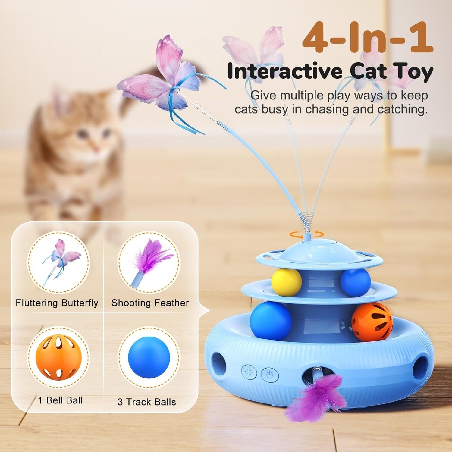 Rechargeable Touch-Activated Cat Toy: 4-in-1 Game with Feather Movement & Balls