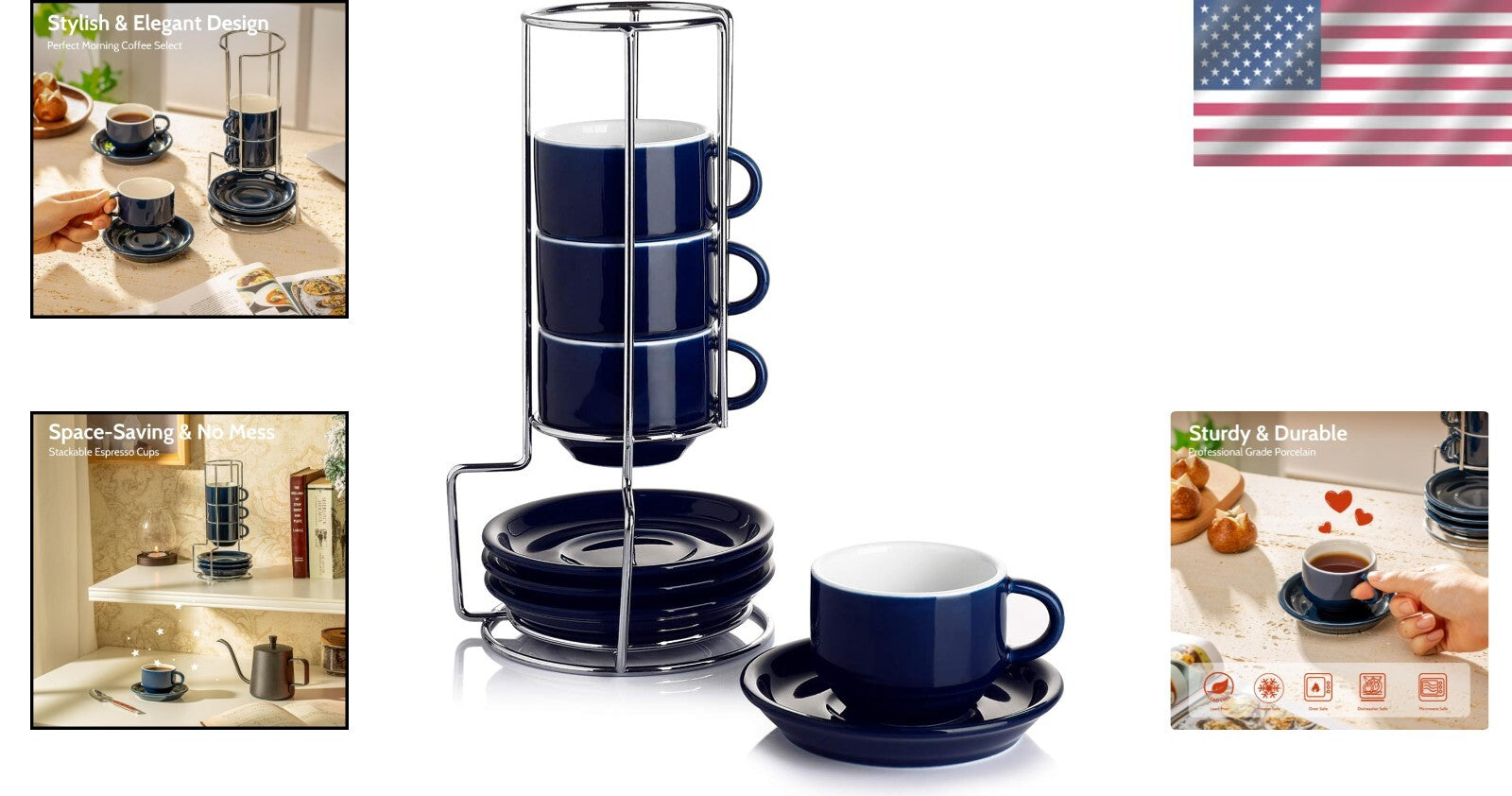 Set of 4 Stackable 4oz Espresso Cups with Saucers & Stand - Navy Comfort