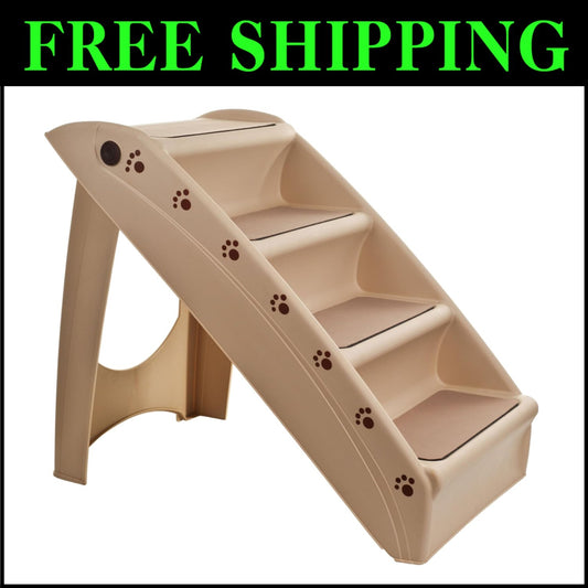 Sturdy 4-Step Folding Pet Stairs for Dogs and Cats - Tan Color Convenience