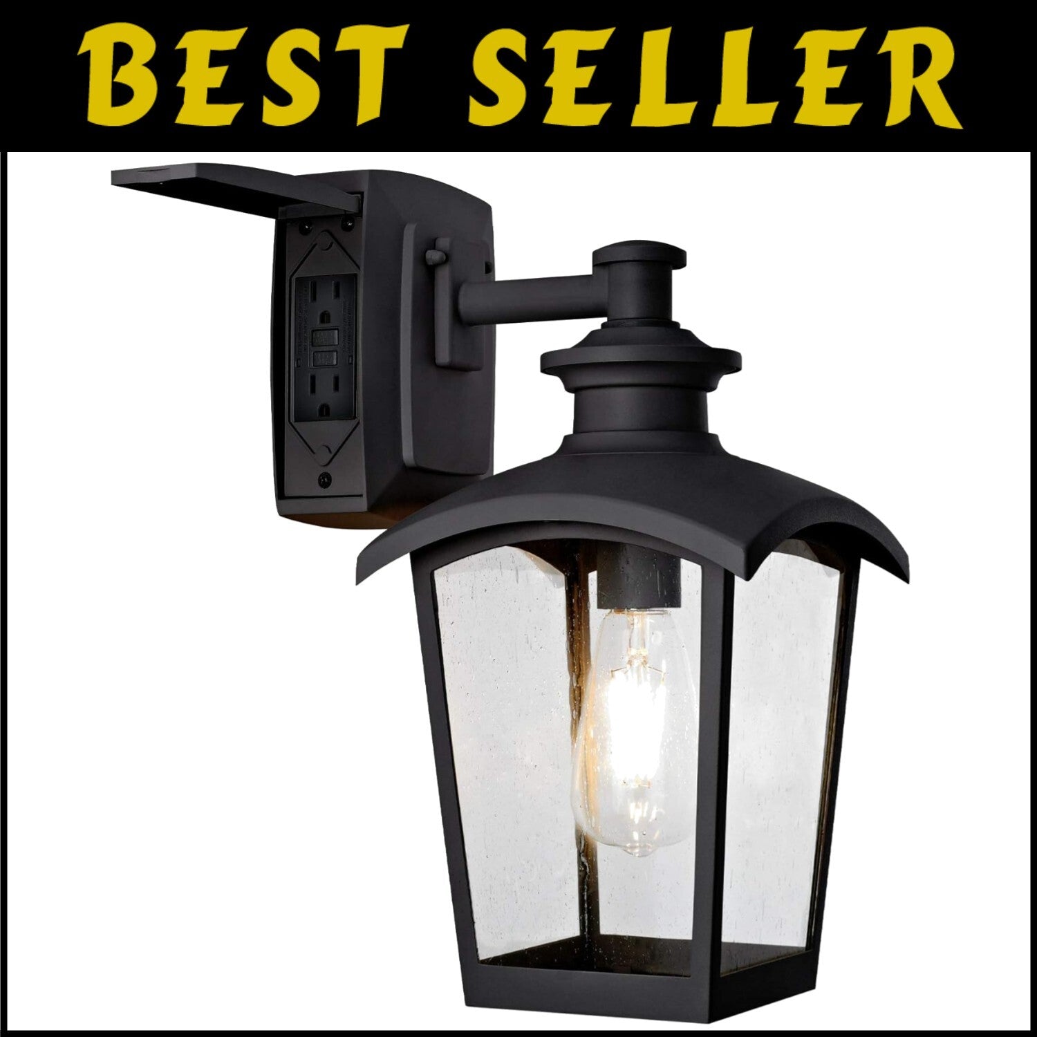 Elegant 1-Light Black Wall Sconce with Seeded Glass and Integrated GFCI Outlet
