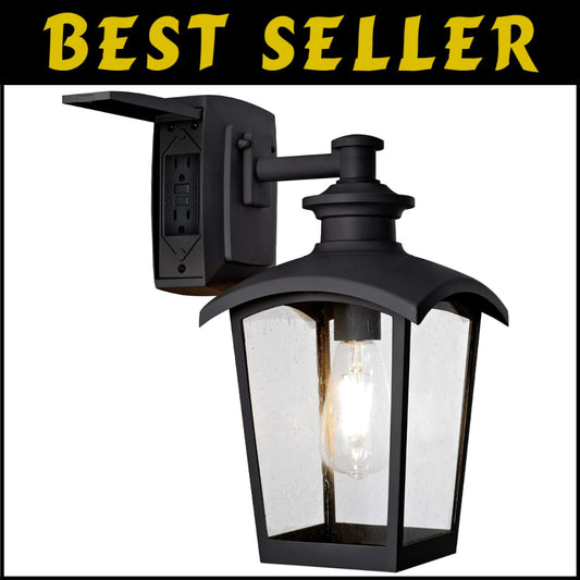 Elegant 1-Light Black Wall Sconce with Seeded Glass and Integrated GFCI Outlet