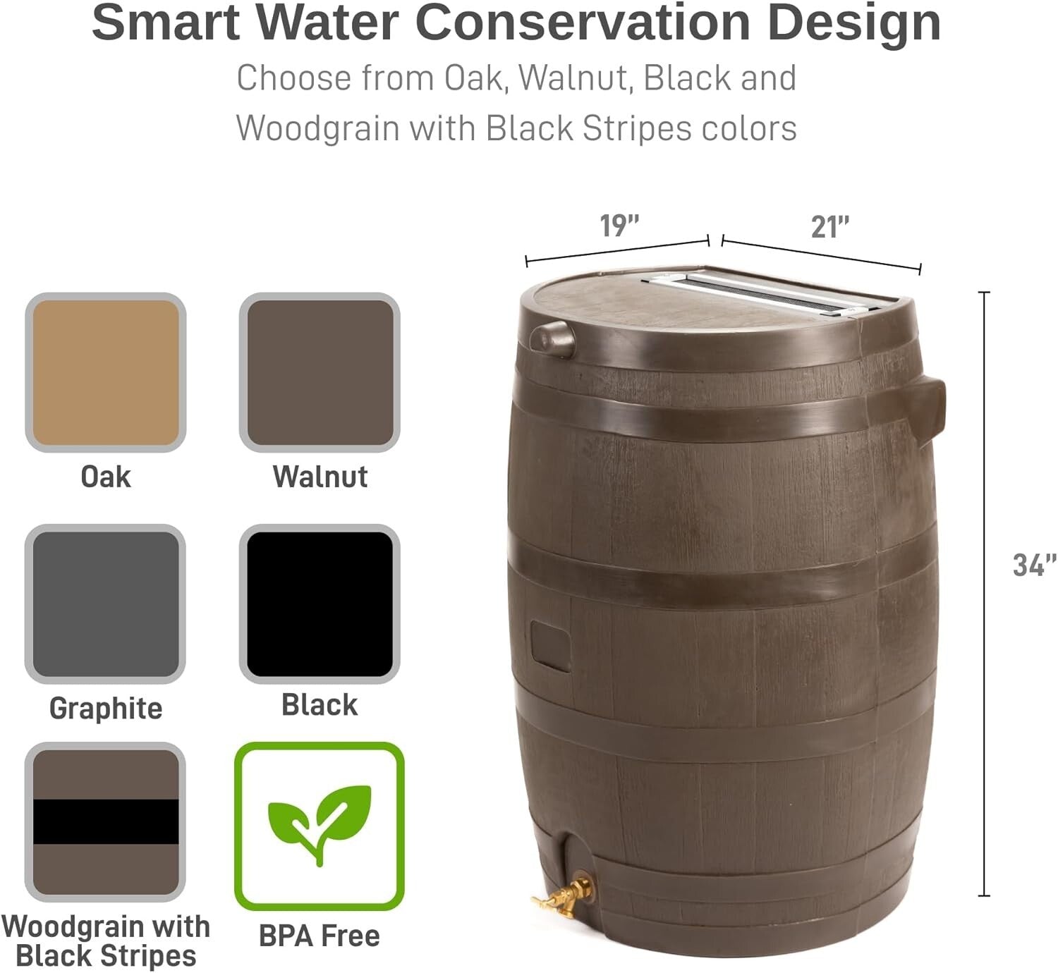 Elegant 50-Gallon Rain Barrel with Textured Finish & Efficient Overflow Valve