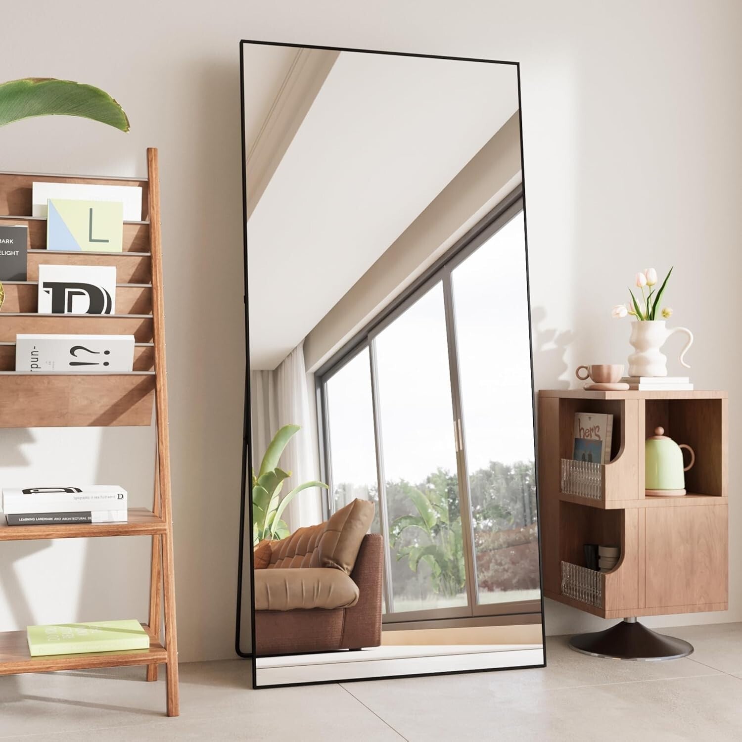 Elegant 65" Full-Length Mirror with Black Aluminum Frame - Dual Mounting Options