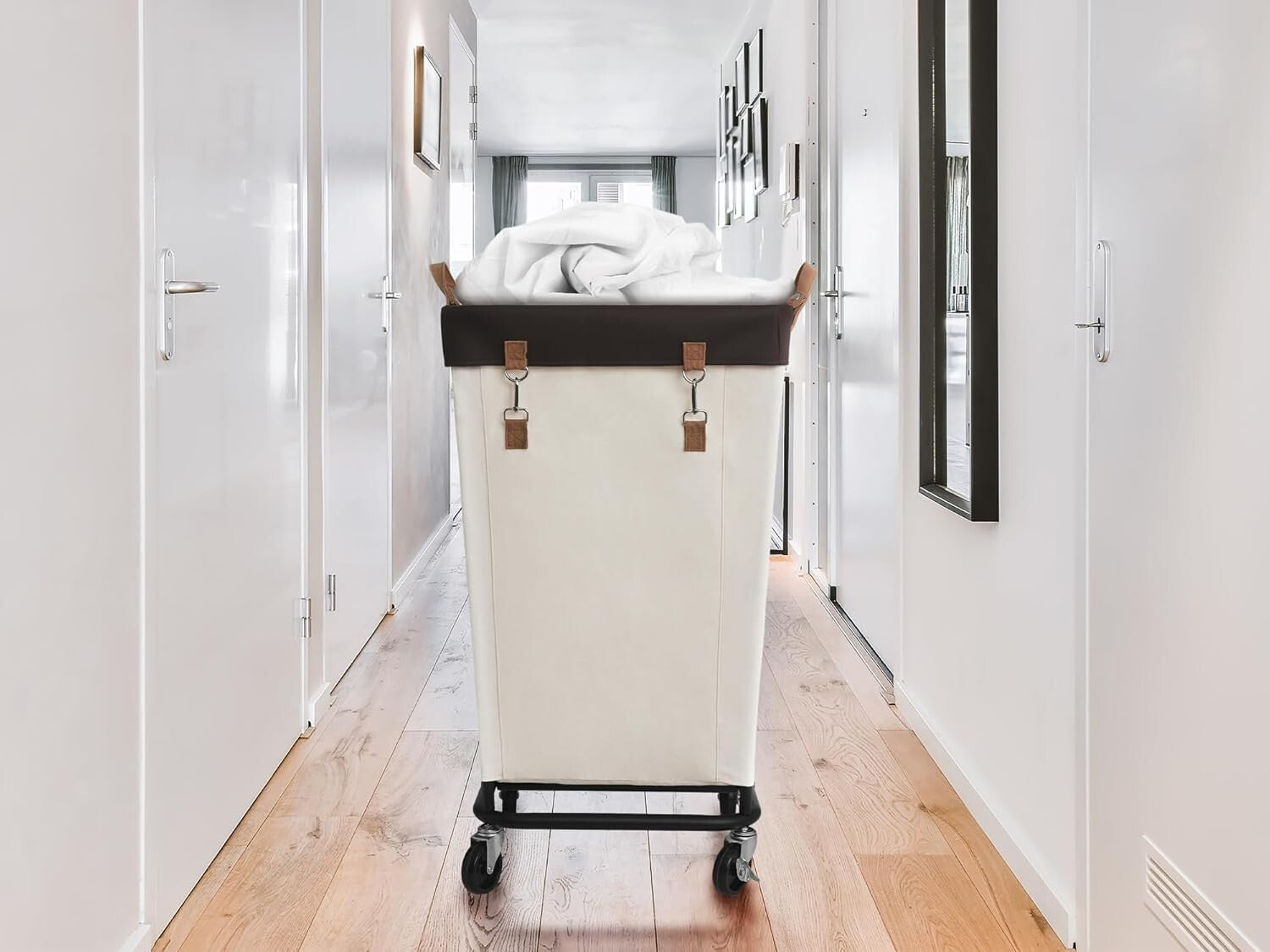 160L Rolling Canvas Laundry Basket with Wheels - Minimalist Beige Design