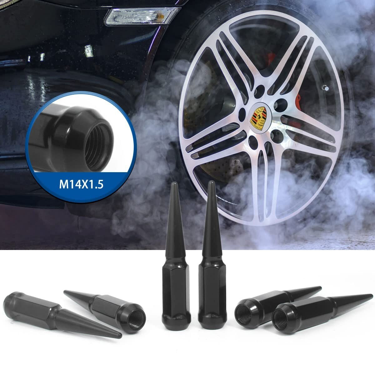 Electrophoresis Coated 14x1.5 Black Spike Lug Nuts for Car Aesthetics - 32 Pack