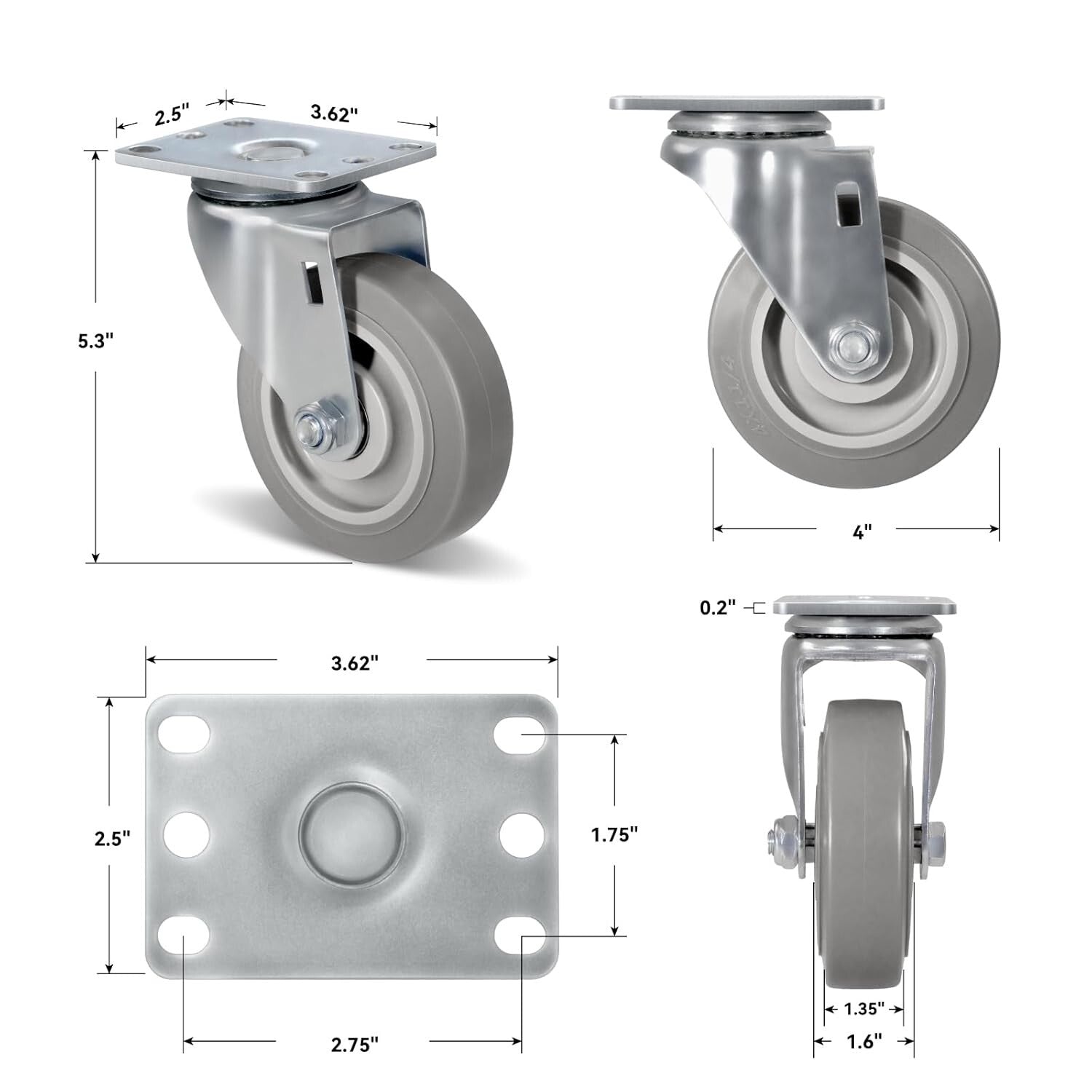 4" Heavy Duty Casters Set of 4, 1200lbs Capacity, Smooth Rolling Wheels