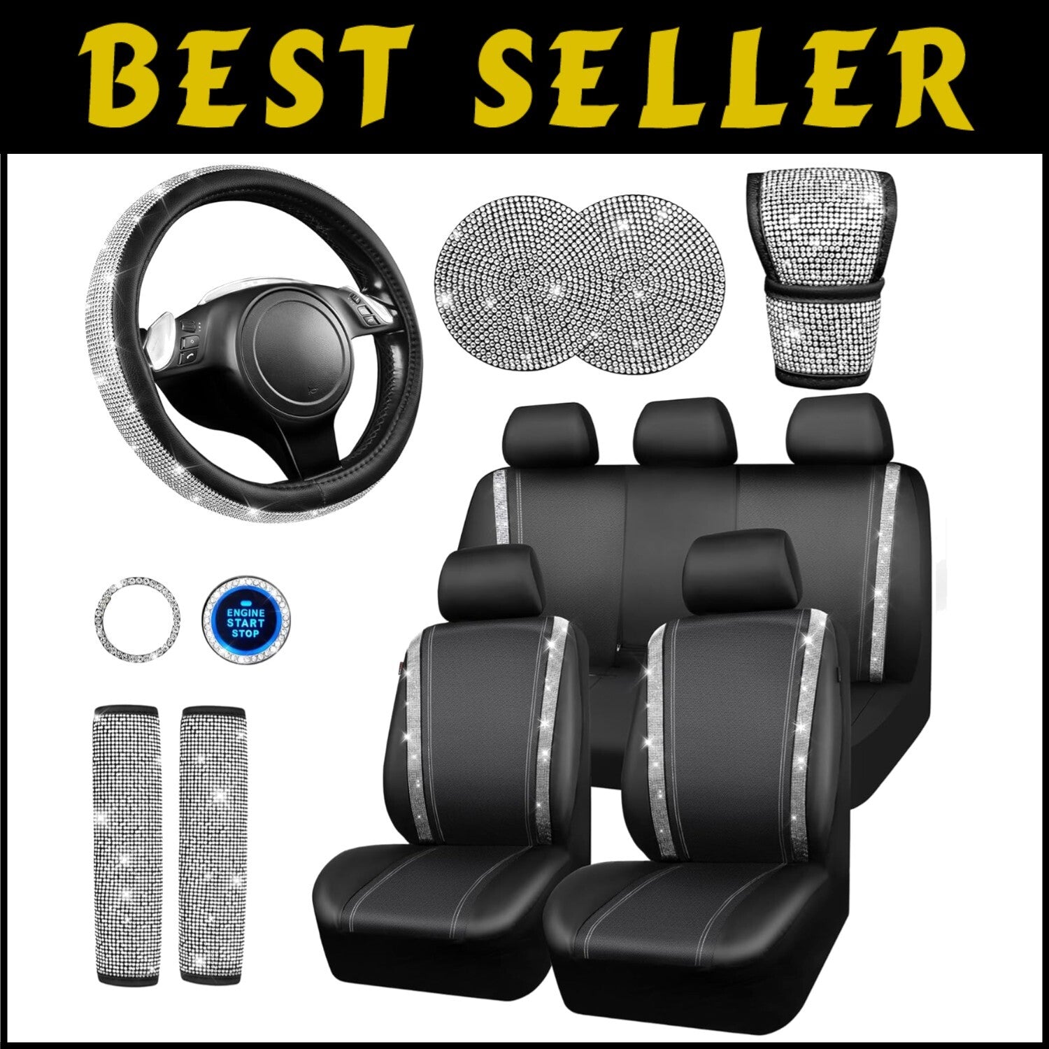 Gorgeous Leather Diamond Seat Covers & Sparkly Steering Wheel Set for Women