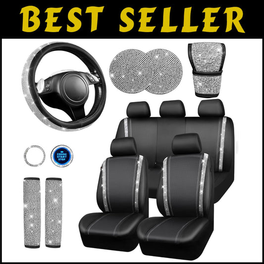 Gorgeous Leather Diamond Seat Covers & Sparkly Steering Wheel Set for Women