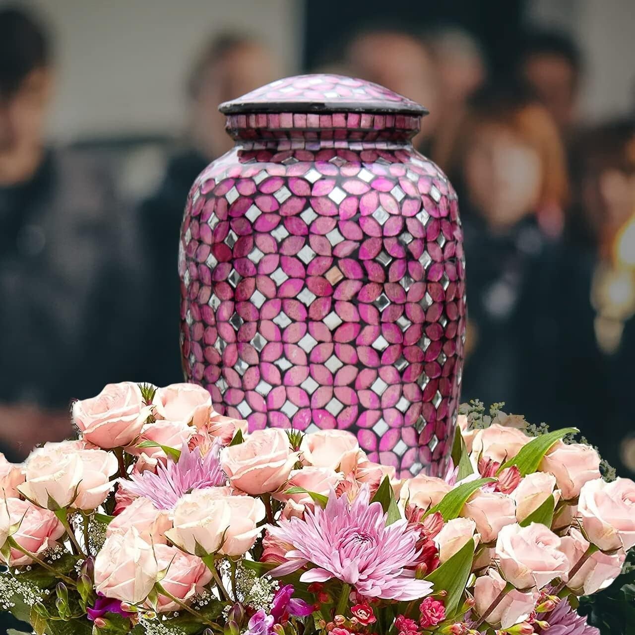 Elegant 200 Cu In Deep Pink Mosaic Glass Urn - Handcrafted Memorial for Ashes