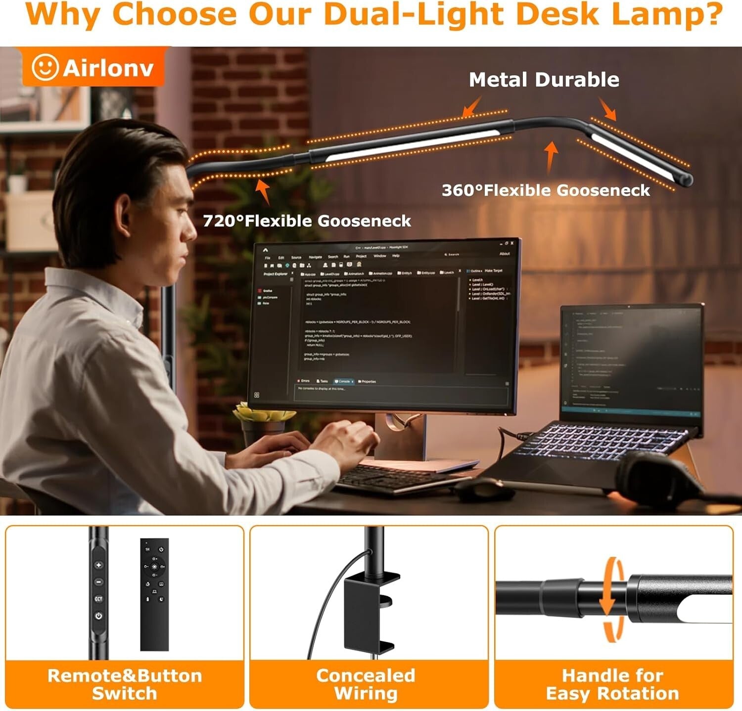 Adjustable Gooseneck LED Desk Lamp with Stepless Dimming & Remote Control