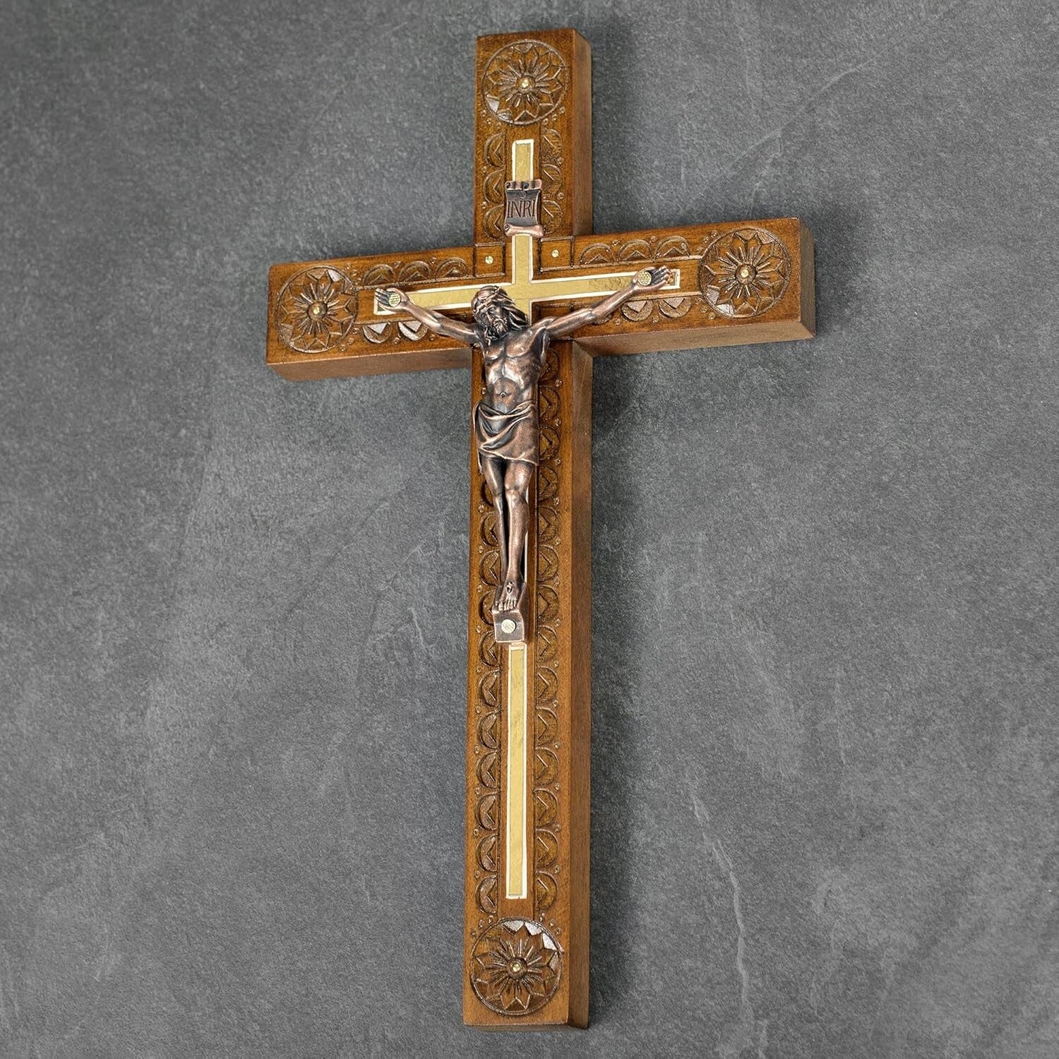 Handcrafted 12-Inch Crucifix Wall Cross - Elegant Decor with Wooden Rosary Gift