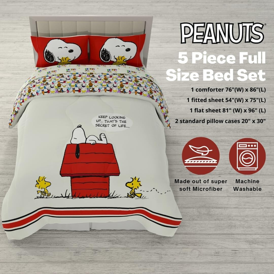 Cozy Peanuts 5-Piece Bedding Set: Charlie Brown, Snoopy & Woodstock - Full Size