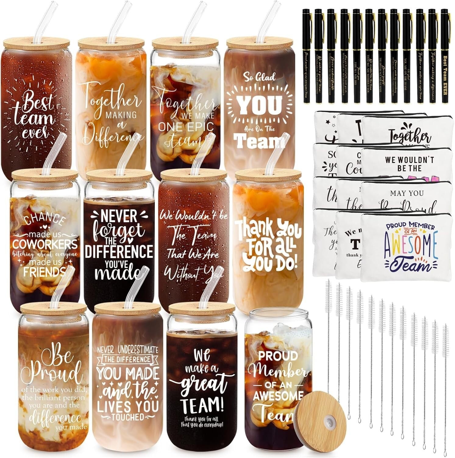 Thank You Gift Set - 12 Glass Cups, Makeup Bags & Pens for Employees, Teachers