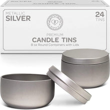 Load image into Gallery viewer, Reusable Silver Candle Tins 8 oz - 24 Decorative Storage Containers with Lids