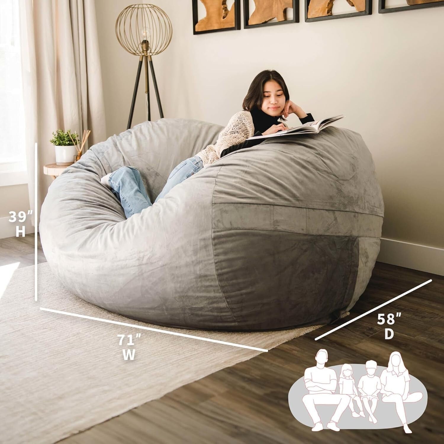 Soft Polyester Grey Bean Bag Chair - 6ft Amorphous Comfort for Gaming & Lounging