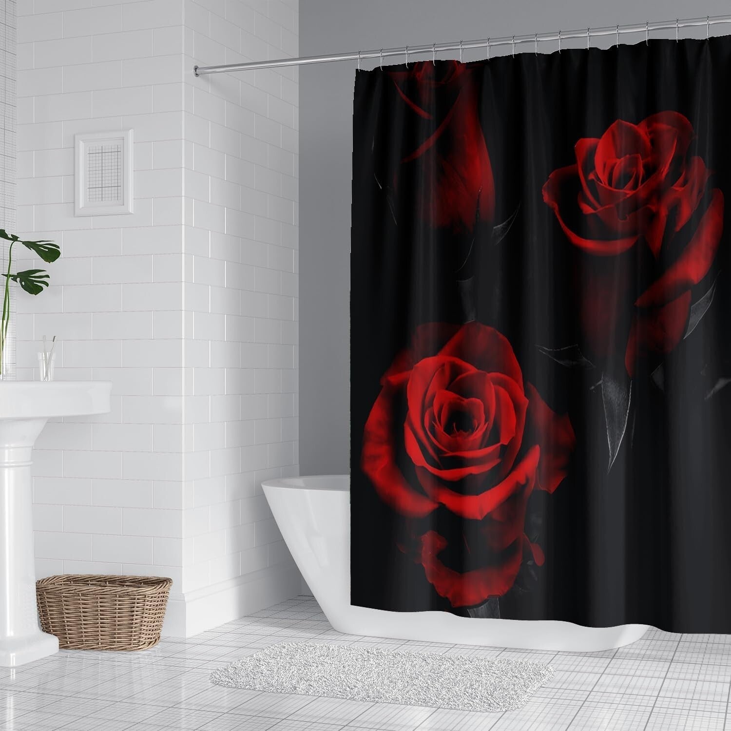 Elegant 4-Piece Rose Shower Curtain Set – Waterproof Floral Bathroom Decor