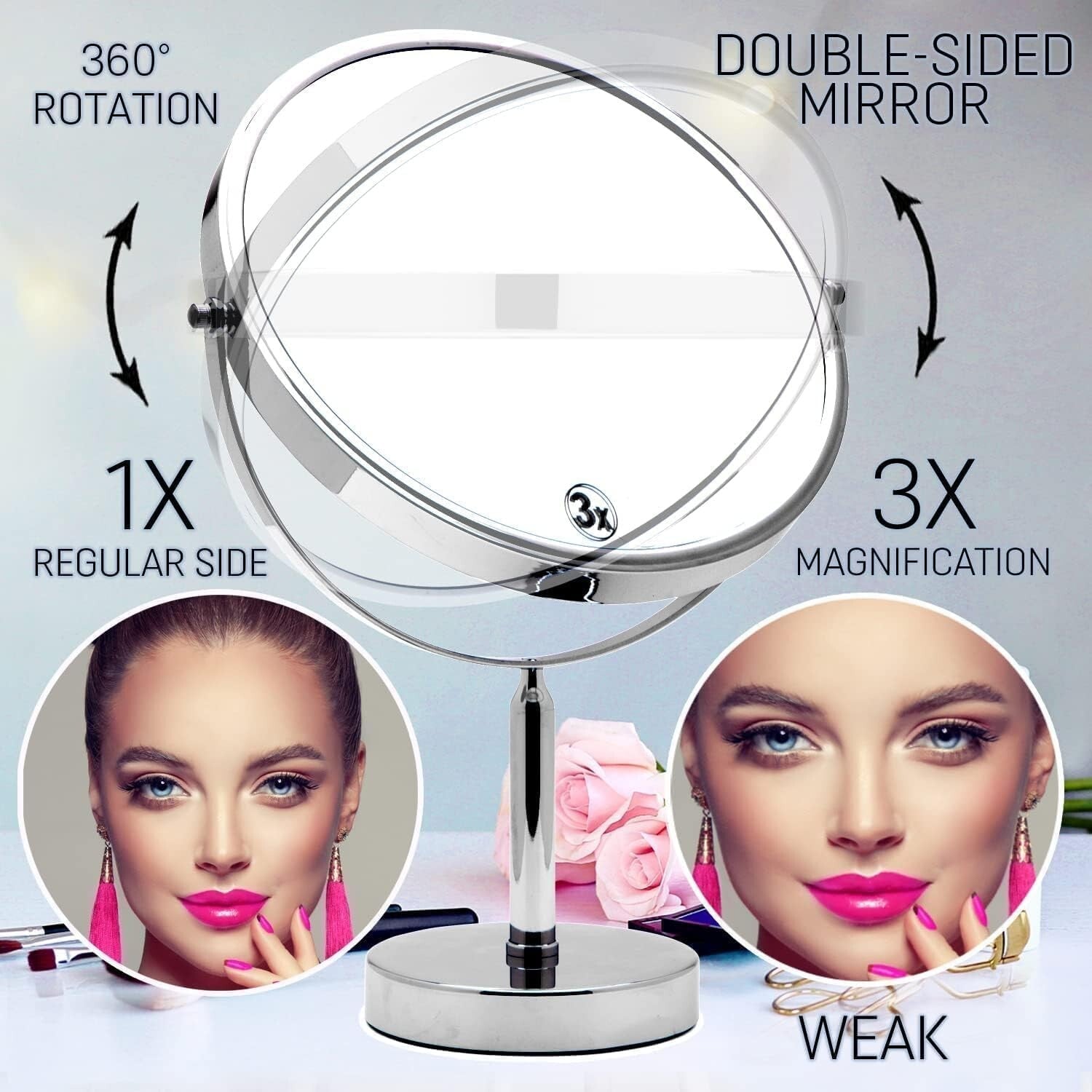 17" Tall Round Vanity Mirror with 3X Magnification - Chrome Polished Finish
