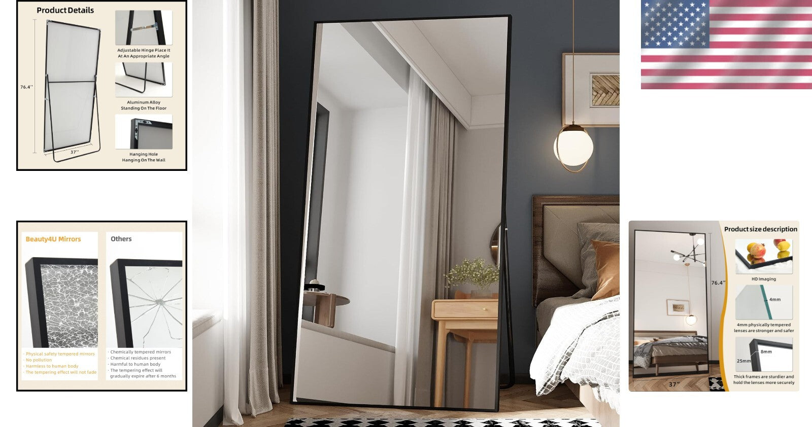 Elegant 76" x 37" Full Length Mirror with Aluminum Frame for Stylish Spaces