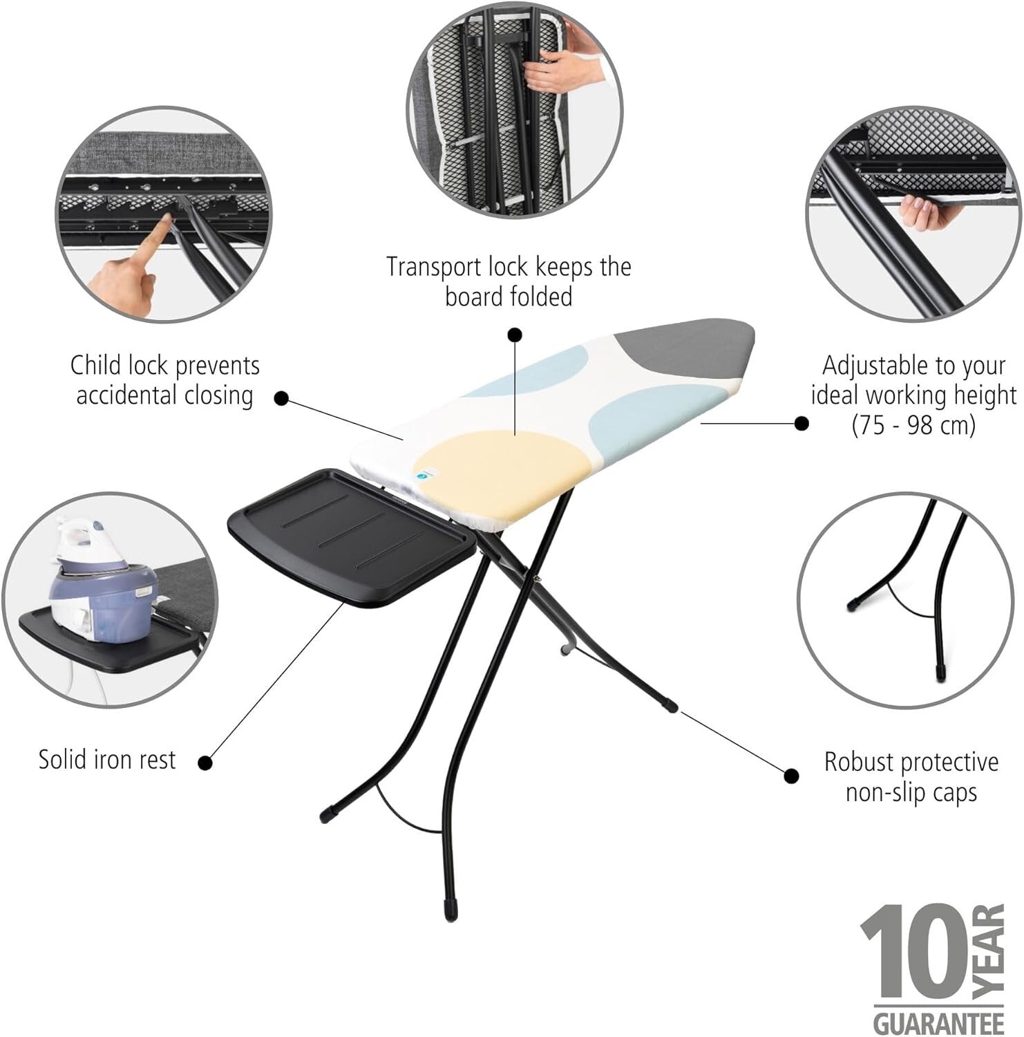Sturdy XL Ironing Board with Child Lock & Transport Lock - Ideal for Steam Units