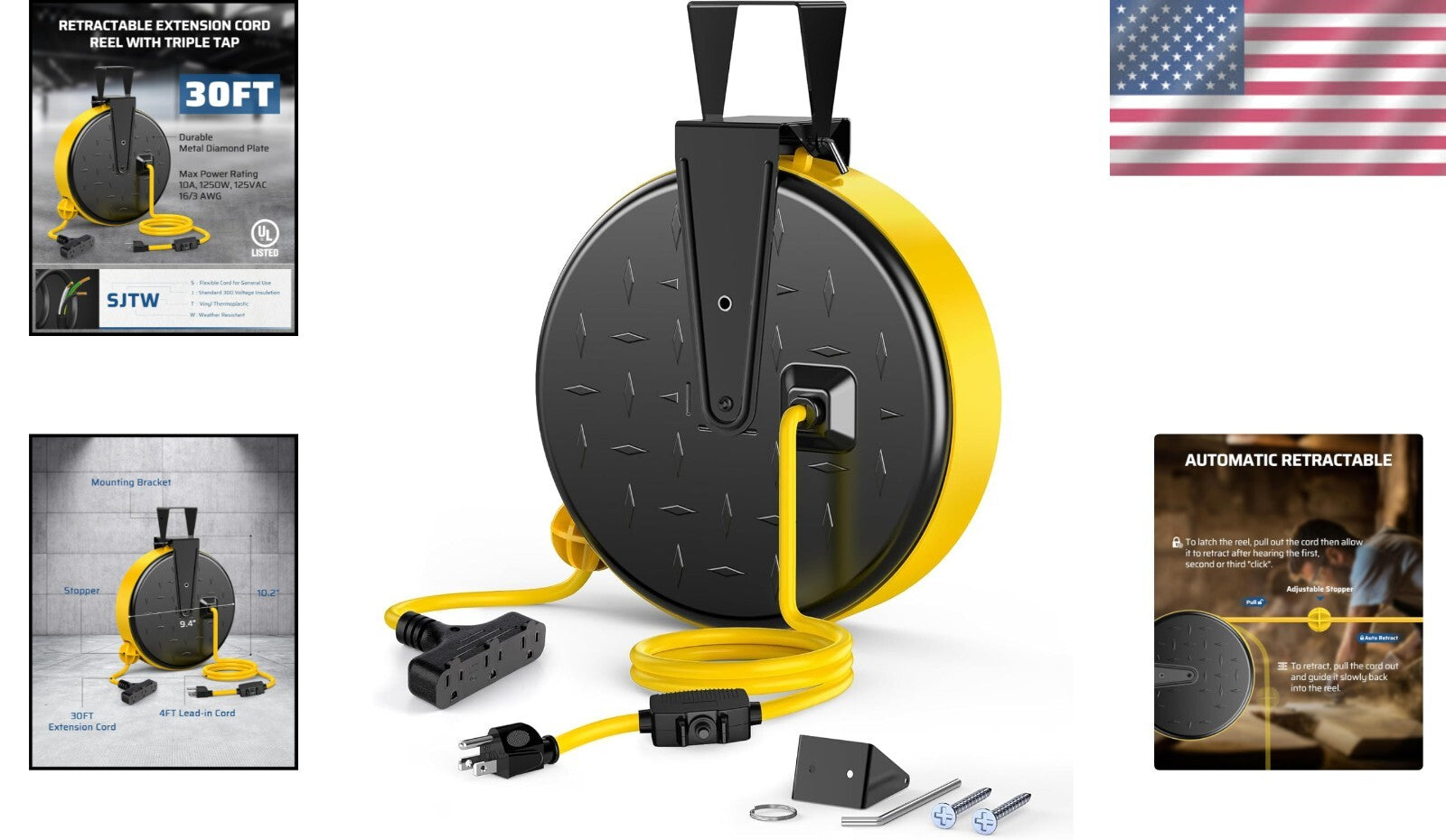 30 Ft Retractable Extension Cord Reel with 3 Outlets for Ultimate Power Access