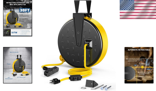 30 Ft Retractable Extension Cord Reel with 3 Outlets for Ultimate Power Access