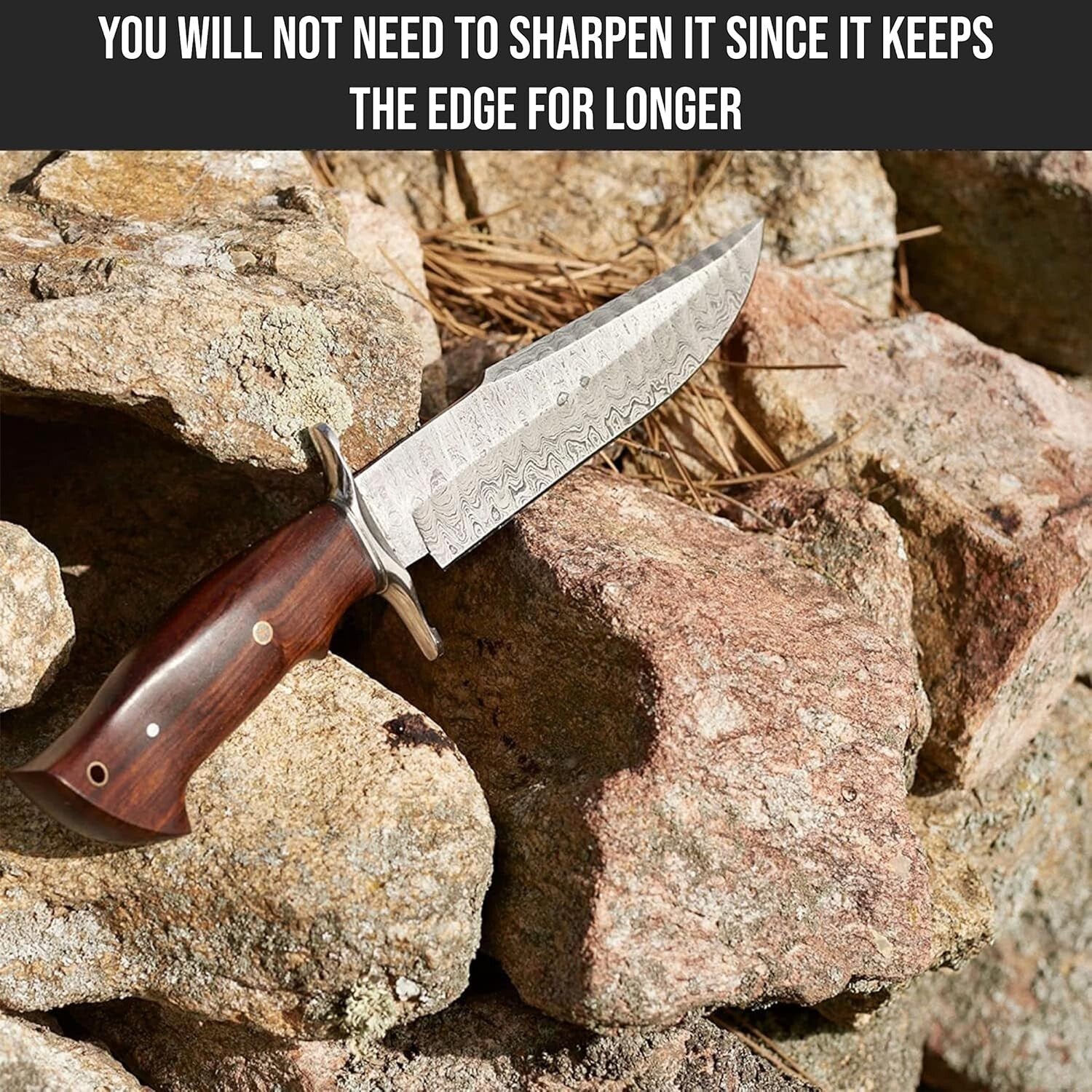 Durable Damascus Hunting Knife with Compound Bevel Blade & Leather Sheath