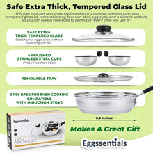 Load image into Gallery viewer, Versatile Stainless Steel Egg Poaching Pan - 4 Cup Capacity with Tempered Lid