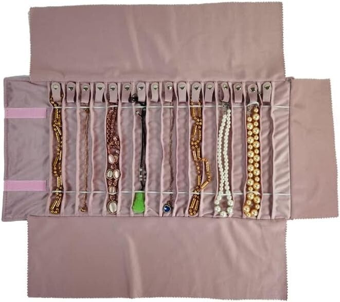 Elegant Portable Jewelry Roll in Embroidery Pink Velvet - 16 Holder Capacity