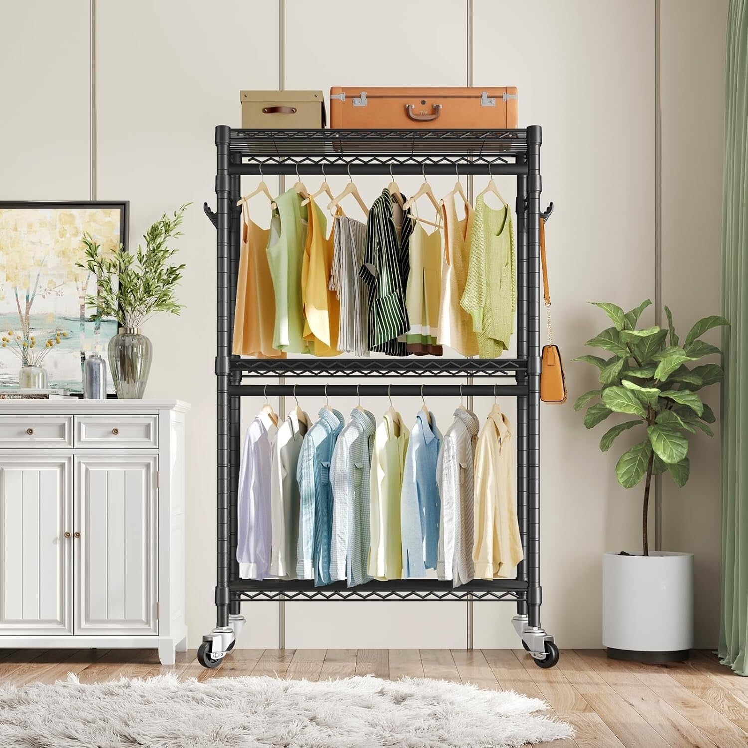 Heavy-Duty Metal Garment Rack - 350lbs Capacity & Rolling Wheels for Versatility