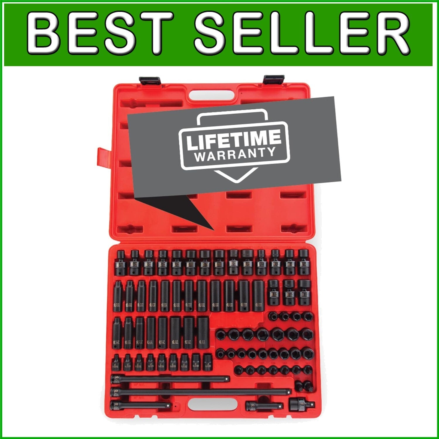 Durable 3/8 Drive Impact Socket Set - 80 Pieces, SAE/Metric with Universal Joint