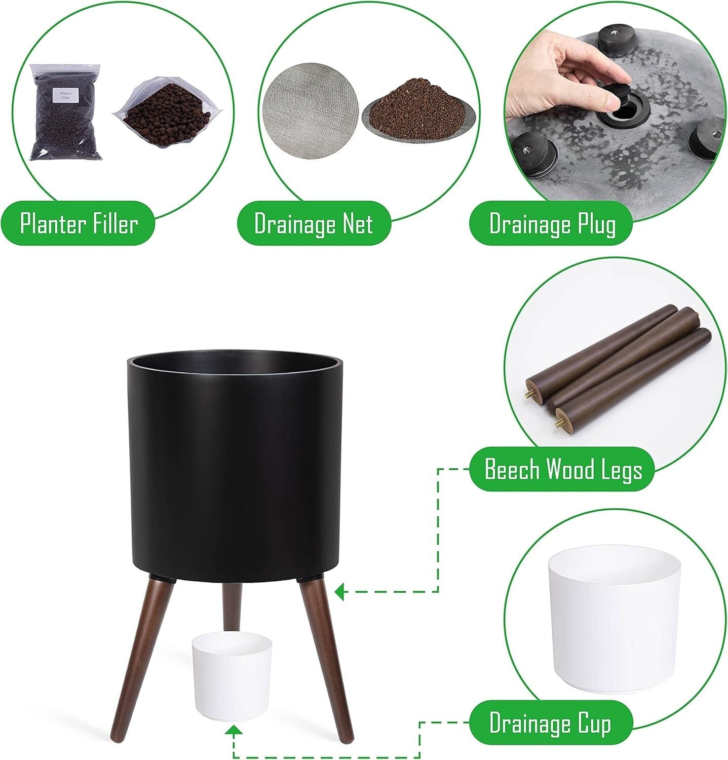 Elegant 12 Inch Indoor Planter Pot with Drainage and Stylish Wooden Stand