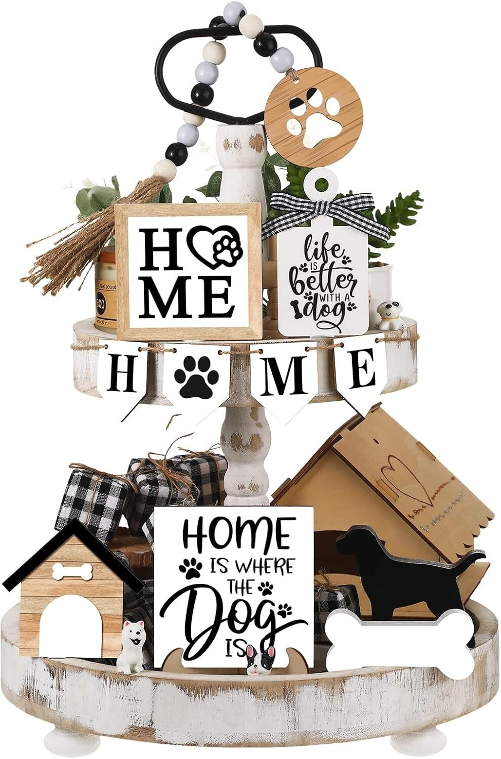 Sturdy Rustic Wooden Tiered Tray Decor with Personalized Dog-Themed Accessories