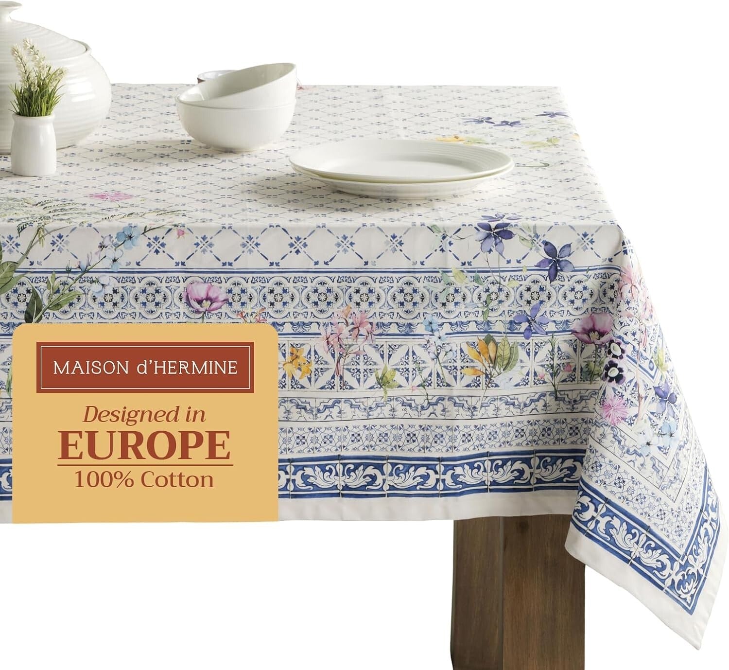Faience Pattern 100% Cotton Tablecloth 60" x 120" - Perfect for Dining & Parties