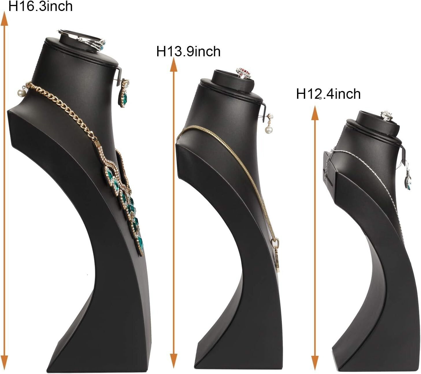 16.3" Tall Luxury Black Jewelry Bust for Necklaces, Rings, and Bracelets Display