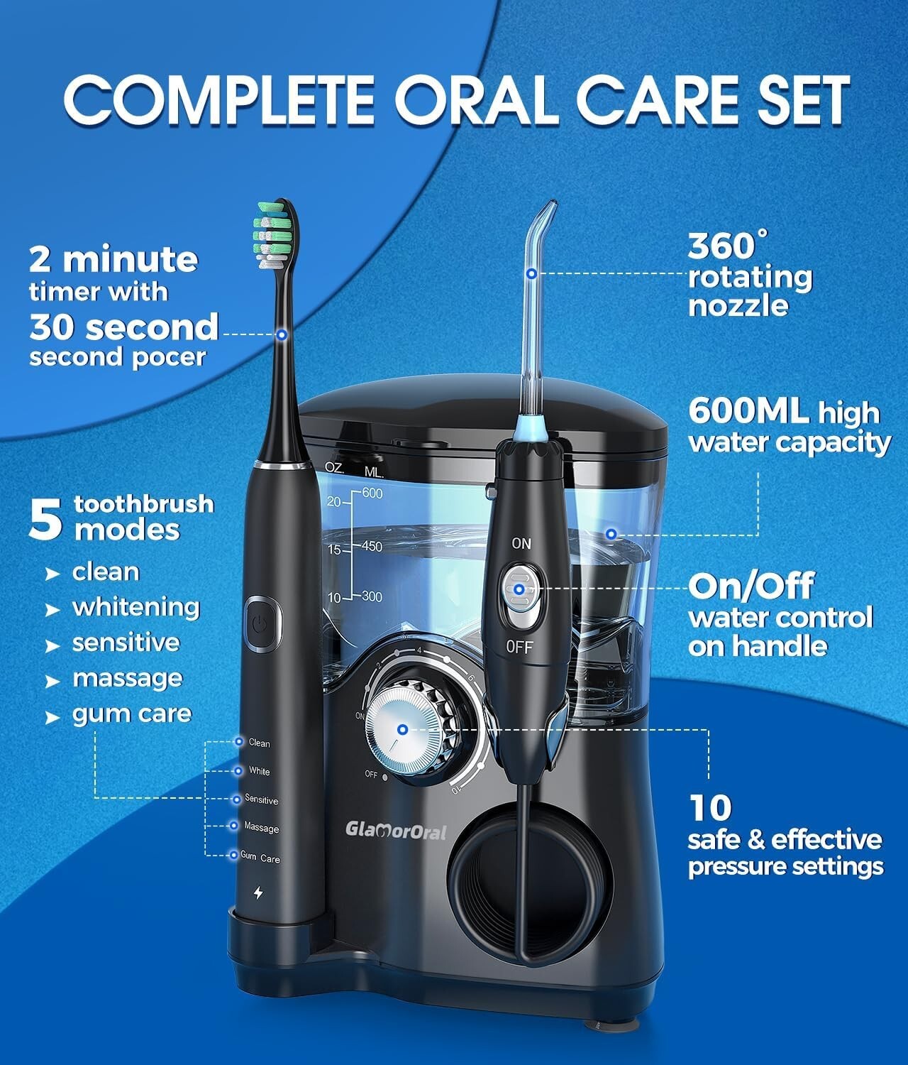 2-in-1 Electric Toothbrush & Water Flosser Combo - 600ML with 10 Pressure Modes
