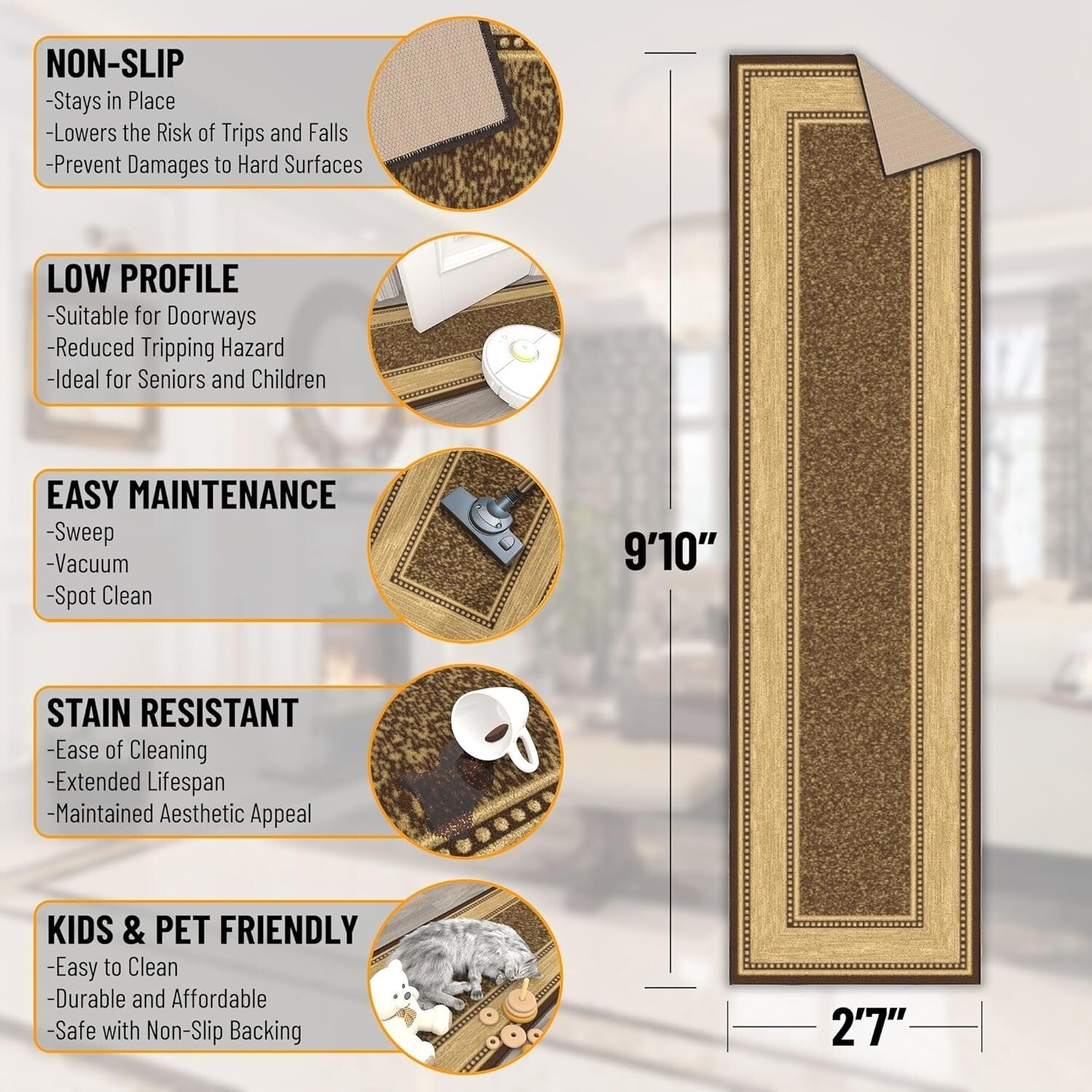 Elegant 2'7" x 9'10" Bordered Design Runner Rug for Hallway & Living Room