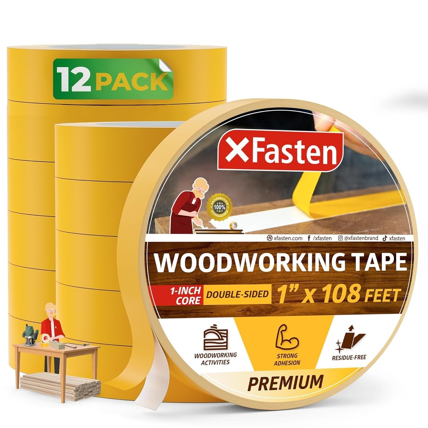 12-Pack 1-Inch Double Sided Woodworking Tape - Perfect for Templates and Edging
