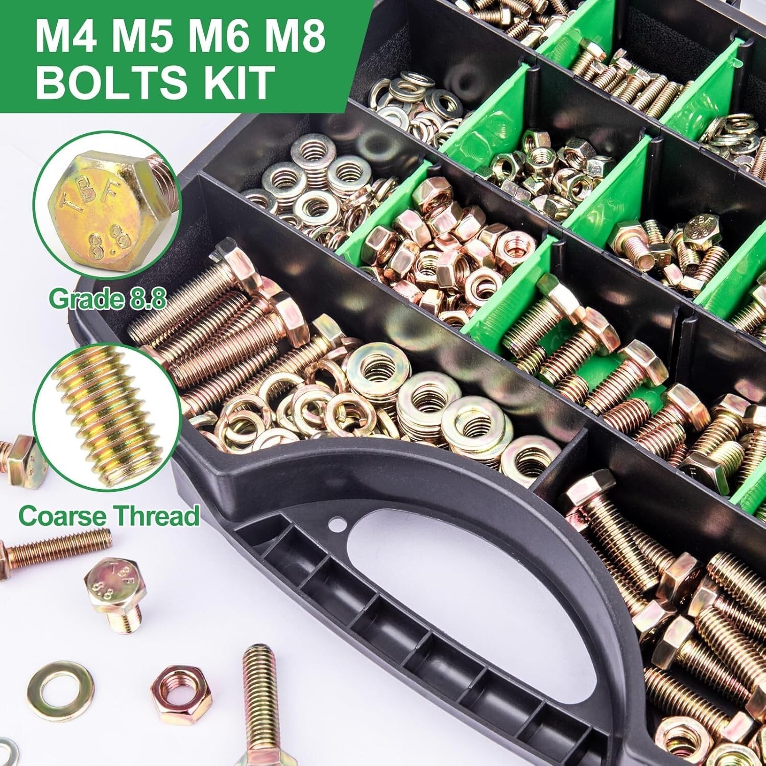 907-Piece Grade 8.8 Metric Bolt Assortment M4 M5 M6 M8 with Yellow Zinc Coating