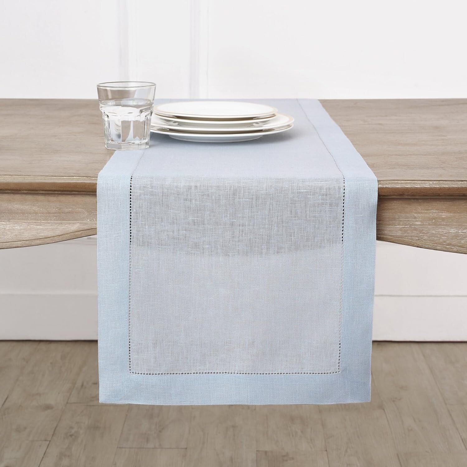 Elegant Light Blue 14 x 132 Inches Pure Linen Table Runner - Classic Hemstitch